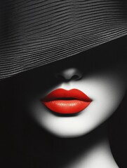 Fototapeta premium Black and white portrait of a beautiful woman in a black hat that covers her face, only her red lips are visible
