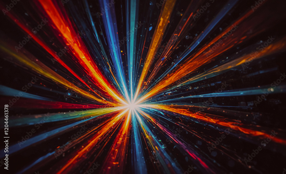 Poster a colorful light show with a bright yellow star in the center. the colors are vibrant and the light 