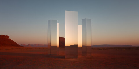 Sunset reflections in a desert landscape, mirrored by tall, slender structures.