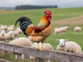 Fototapeta premium Majestic Rooster Perched on Rustic Fence Amid Grazing Sheep in Tranquil Countryside Landscape