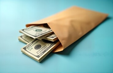Stack of US dollar bills in light beige envelope on light teal background. Cash spilling from envelope suggests salary payment, gift, financial gain. Concept of financial success, wealth, monetary