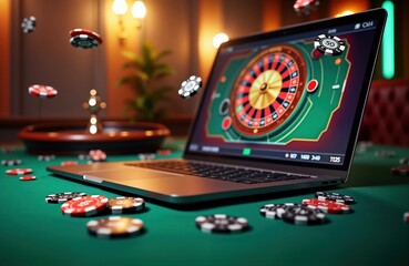 Online casino gaming session on laptop. Roulette wheel spinning on laptop screen. Casino chips flying around. Modern gaming concept. Laptop on green casino table. Digital gambling. Digital poker game.