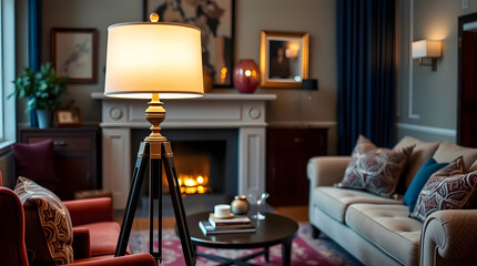 View of tripod lamp in a cozy living room spending warm light