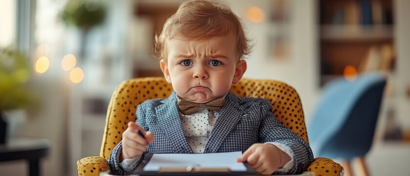 Serious Baby in Bow Tie Pointing with Determination