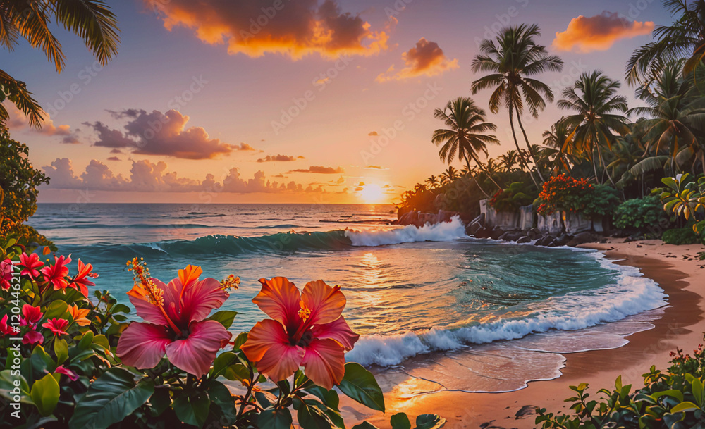 Aufkleber A beautiful beach scene with a sunset in the background. The ocean is calm and the sky is filled with clouds. There are two pink flowers in the foreground, adding a pop of color to the scene