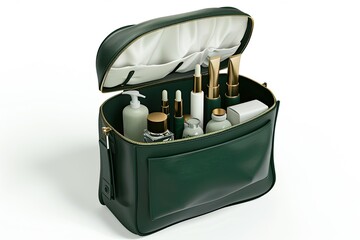 Green Leather Cosmetic Bag Filled With Beauty Products