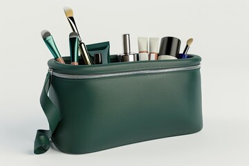 Green makeup bag holds brushes and cosmetics