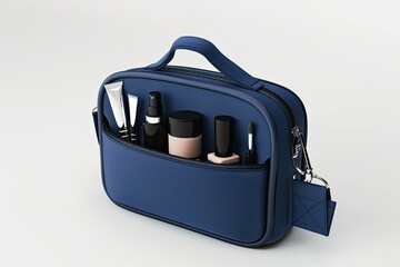 Blue leather bag containing various makeup items