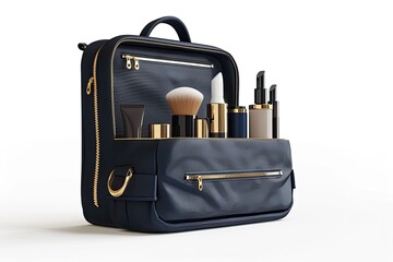 Stylish navy blue bag filled with luxury cosmetics