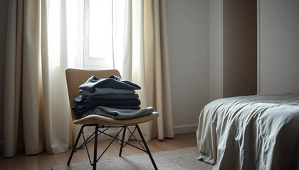 Neatly Folded Gray Clothes Exhibiting Minimalist Fashion on Beige Chair