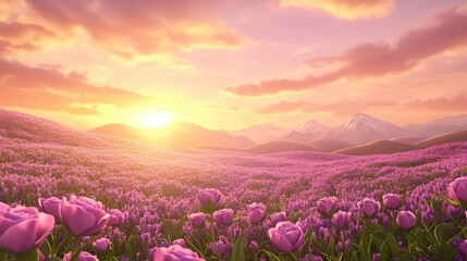Fototapeta premium Serene Sunset Over Lavender Field And Mountains