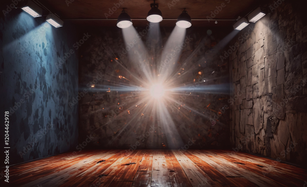 Poster a dark room with a spotlight on a wooden floor. the room is empty and the light is shining on the fl
