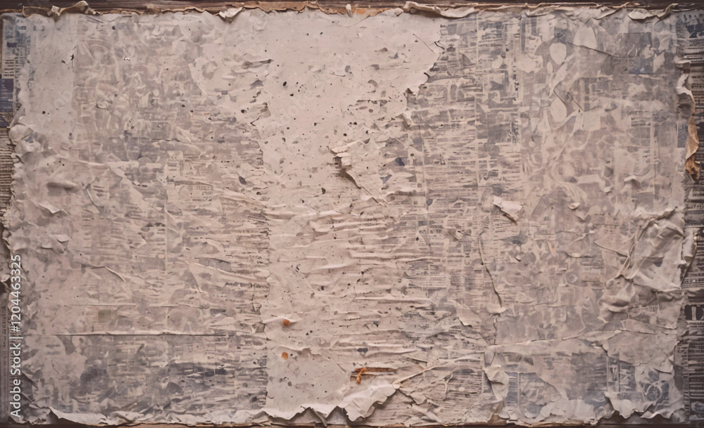 Poster a wall with a lot of paper on it. the paper is torn and crumpled. the wall is dirty and has a lot of