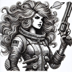 Obraz premium Spacewoman in a vintage spacesuit, holding a revolver, with voluminous hair and a bold expression sketch. Scratch board imitation. Black and white image. Generative AI.