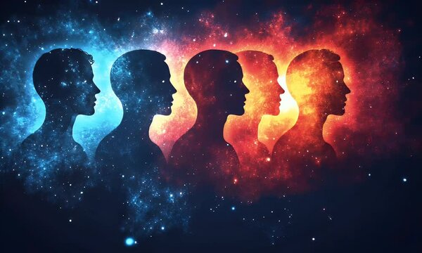 Four silhouettes of heads against a cosmic background of blue and red nebulae.