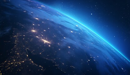 Fototapeta premium Earth from Space, Glowing City Lights on Half of the Planet, Dark Blue Sky, Nighttime Scene
