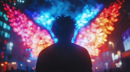 Fototapeta premium Silhouetted concert crowd rejoices under vibrant stage lights at music festival