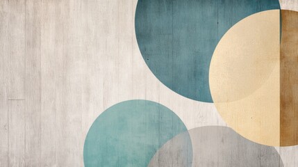 Abstract art piece with three overlapping circles. the circles are in different shades of blue, light blue, and beige. the background is a light beige color with a rough texture.