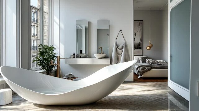 Modern minimalist bathroom with sunlit freestanding bathtub and stylish decor