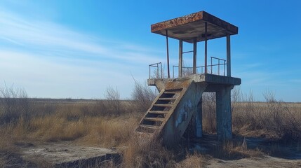 Abandoned, rusty watchtower sits in desolate, overgrown landscape under clear skies, evoking memories of forgotten times and lost purpose.