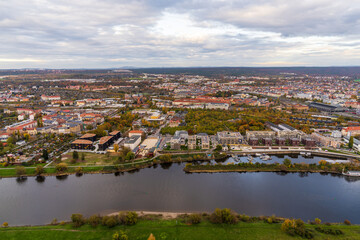 Panoramic view of Dresden from hot air balloon. Elbe River flows through city, creating picturesque landscape. Germany. Aerial view