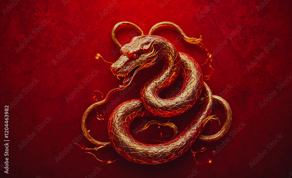 Poster a gold snake with red eyes and a red background. the snake is curled up and he is angry