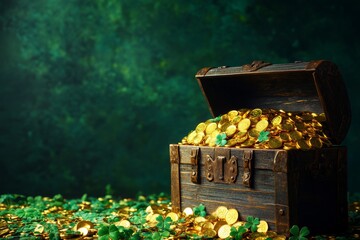 Antique wooden chest overflowing with gold coins in green rustic setting