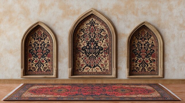 Three arched niches display ornate rugs on a wall