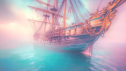 Majestic Vintage Ship in a Pastel-Colored Misty Sea