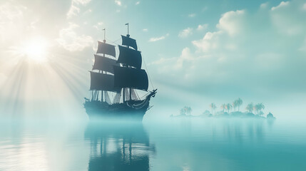 Majestic Black Sail Ship in Misty Tropical Seascape