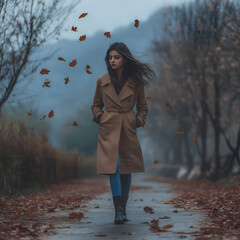 Woman Walking Through Autumn Leaves on a Pathway