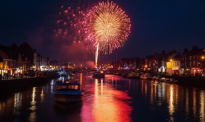 Fireworks over a harbor at night, reflecting on the water, with people watching from the shore.