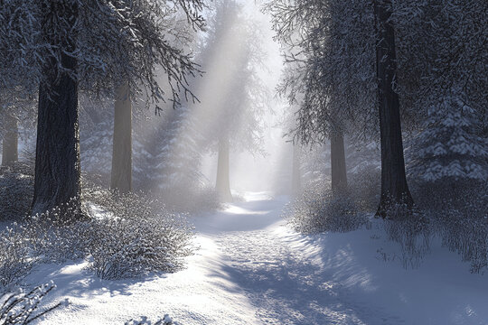 A winter forest landscape with snow-covered trees, sunlight streaming through, and a tranquil snowy trail.