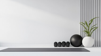 Modern and minimalist interior design of a room with a white wall and a gray floor. on the right side of the image, there is a white vase with a green plant in it.