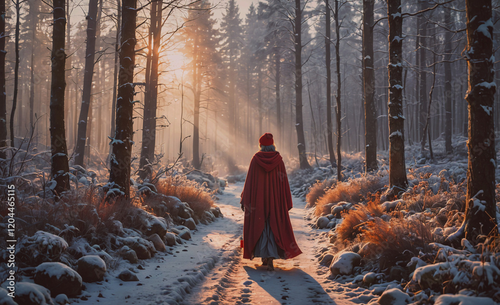 Poster a person wearing a red coat walks through a snowy forest. the scene is serene and peaceful, with the