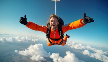 Man skydiving. Wearing orange jumpsuit, smiling broadly. Enjoying view of clouds, sky. High above ground. Skydiving extreme sport. Adventurous man enjoys flying. Happy, courageous. Beautiful scenery.
