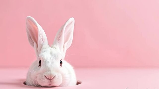 rabbit on pink background looks out of hole and moves ears, easter