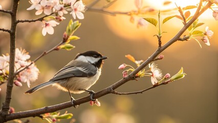 A close-up of a small bird perched on a blooming tree branch during a golden sunrise. A tranquil and inspiring scene representing spring, nature, and harmony.
