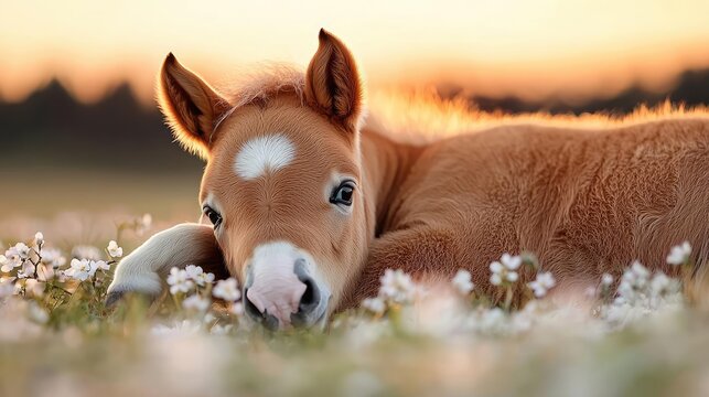 Cute foal resting in field sunset; spring, nature, animal