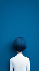 Woman with blue hair standing against a vibrant blue wall in a minimalist setting, showcasing a modern aesthetic