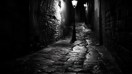 Eerie nighttime alleyway with cobblestones and dim streetlights in black and white