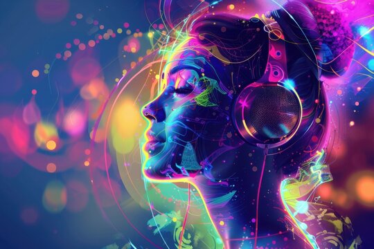 A digital woman in headphones, blending colorful visuals with AI and sound technology concepts in a vibrant, futuristic design.