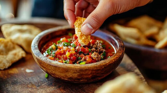 Hand enjoying delicious salsa with crispy chips in a rustic setting