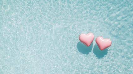 Two pink heart-shaped pool floats floating on clear blue water on a sunny day. valentine's day. copy space. summer background