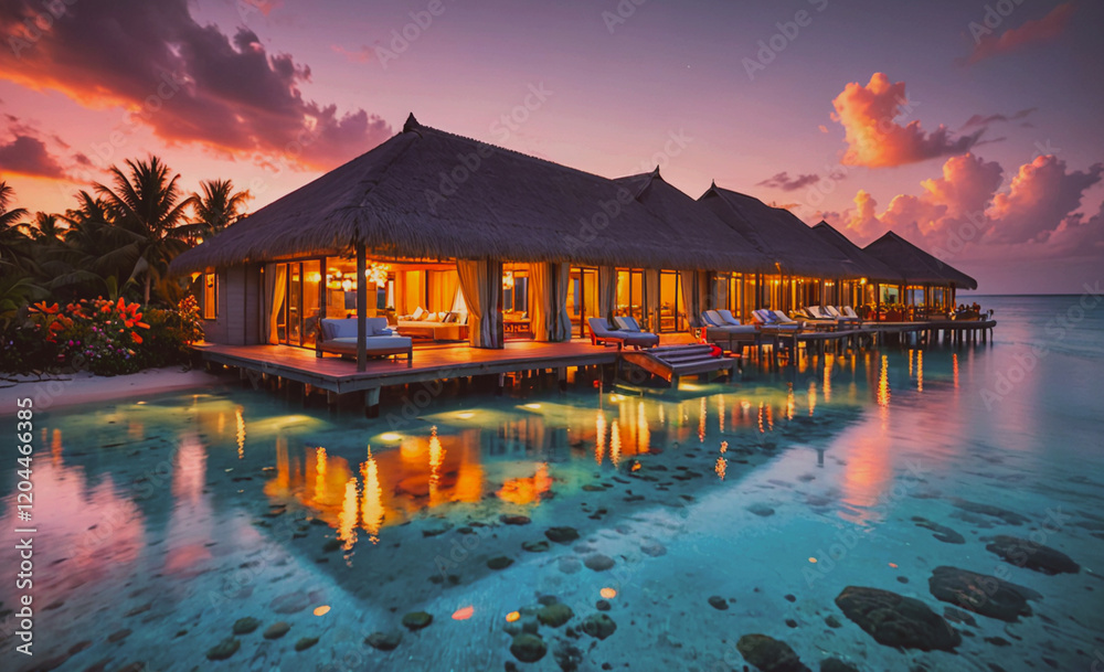 Aufkleber A beachfront resort with a large pool and a beautiful ocean view. The resort is lit up at night, creating a warm and inviting atmosphere