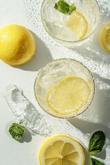 Top view of refreshing lemon beverages with ice and mint leaves, perfect for a summer drink concept.