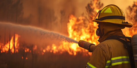 Firefighter bravely battling a wildfire, spraying water to contain the intense blaze.  A scene of courage and determination amidst destruction.