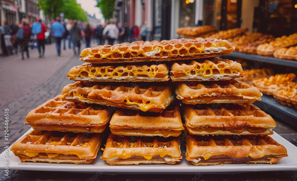 Poster a stack of waffles with a variety of toppings. the waffles are piled high on a white plate