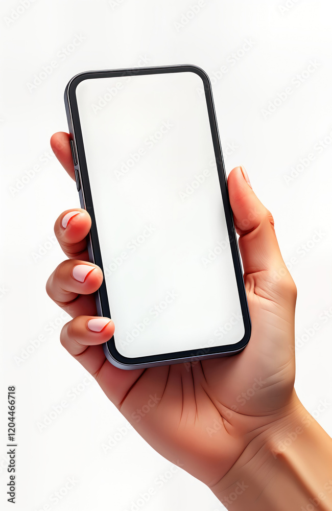 Fototapete hand holds modern smartphone. blank screen displays. hand holds device isolated on white background.