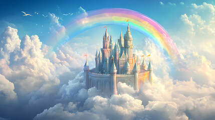 Fantasy castle in the clouds with rainbow and unicorns whimsical digital painting. Fantasy Castle. Illustration